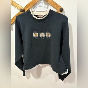 Vintage cotton cat cropped sweater with ruffle trim